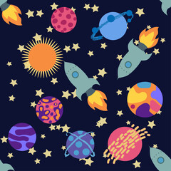 Fototapeta na wymiar Seamless space pattern. Planets, rockets and stars. Cartoon spaceship icons. Kid's elements for scrap-booking.