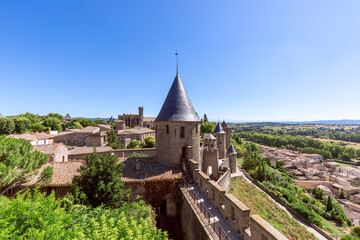 Beautiful view of the Carcassonne castle with the main cathedral inside the walls and the old town