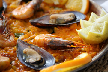 Seafood paella, typical Spanish dish