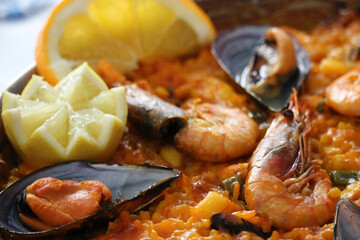 Close-up of Seafood paella, typical Spanish dish