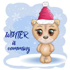 Cute cartoon bear with big eyes in a Christmas hat, the inscription Winter is coming, greeting card, New Year