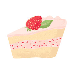 Piece of strawberry cake with whipped cream and strawberry birthday tasty bake. Vector flat cartoons illustration of tasty dessert. Sugar gourmet pastry cake slice sweet delicious.