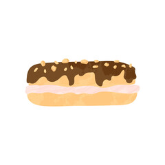 Chocolate eclair with chocolate and caramel. Tasty dessert vector illustration in flat cartoons design. Isolated on white background. Stock art.