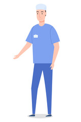 Vector cartoon character isolated at white. Surgeon wearing medical suit gesture hand. Medical staff, worker. Professional medical specialist with badge gesticulating. Medical concept, flat style