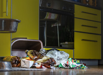 An overturned garbage can and a pile of garbage in the kitchen