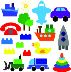 A set of children toys: car, truck, plane, ship, pyramid, duck