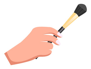 Female hand holding makeup brush. Brush for powder or eyeshadows. Cosmetic tool or instrument for visagiste. Isolated woman hand with cosmetical product or accessories. Makeup fashion design