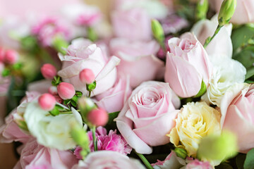 Obraz na płótnie Canvas Bouquet of fresh pink flowers close up, holiday background.