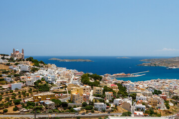 Ermoupolis town, panoramic view of the capital town of Syros island, Cyclades, Greece, Europe.