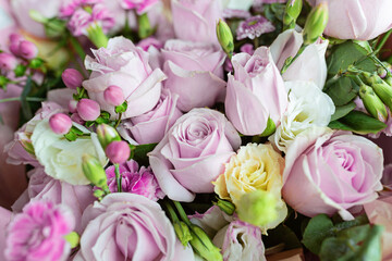 Bouquet of fresh pink flowers close up, holiday background.