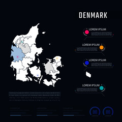 Denmark country map infographics vector with pointer marks and circle chart.  Editable Infographics template. Vector illustration