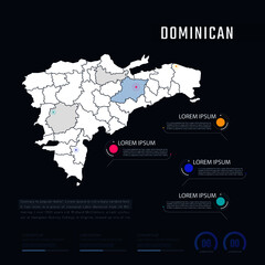 Dominican country map infographics vector with pointer marks and circle chart.  Editable Infographics template. Vector illustration