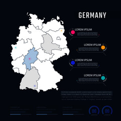Obraz premium Germany country map infographics vector with pointer marks and circle chart. Editable Infographics template. Vector illustration