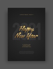 Happy New Year 2021 and Merry Christmas layout template. Vector illustration with gold lettering for flyer, banner and invitation card.