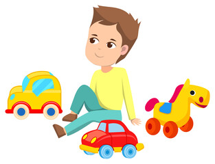 Little boy sitting and actively playing with toys on floor. Toy as yellow and red cars. Colorful horse with wheels to moving it. Kid isolated on white background. Vector illustration in flat style