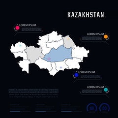 Kazakhstan country map infographics vector with pointer marks and circle chart.  Editable Infographics template. Vector illustration