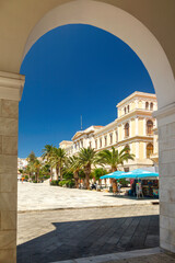 Fototapeta na wymiar Ermoupolis, the main square of the capital of Syros island, in Cyclades, Greece, Europe.