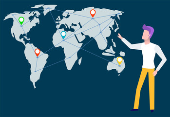 World map with points and location geotags vector, man working with partners worldwide. Businessman at work, presentation of personage flat style