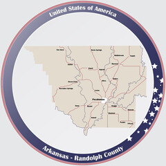 Round button with detailed map of Randolph County in Arkansas, USA.
