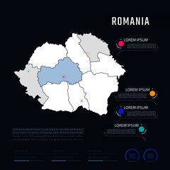 Romania country map infographics vector with pointer marks and circle chart.  Editable Infographics template. Vector illustration