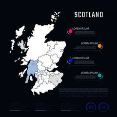 Scotland country map infographics vector with pointer marks and circle chart.  Editable Infographics template. Vector illustration