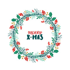 Christmas wreath with mistletoe, pine, leaves and red flowers