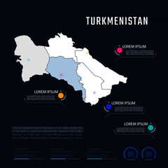 Turkmenistan country map infographics vector with pointer marks and circle chart.  Editable Infographics template. Vector illustration