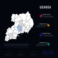 Uganda country map infographics vector with pointer marks and circle chart.  Editable Infographics template. Vector illustration