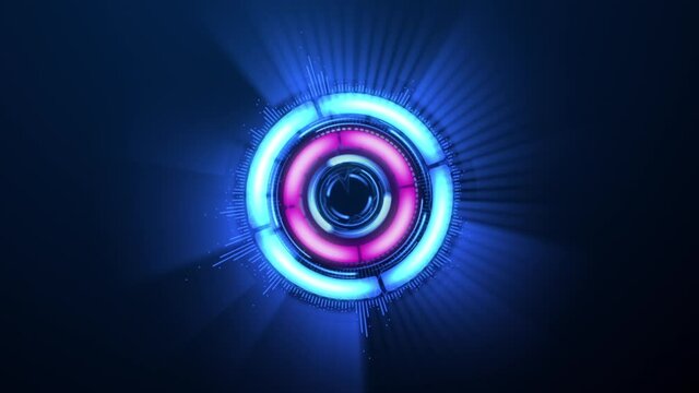 Spinner of blue and pink lighting with digitals waves on a dark blue background. Template for logo intro. Digital abstract animated template. Spinning light. 
