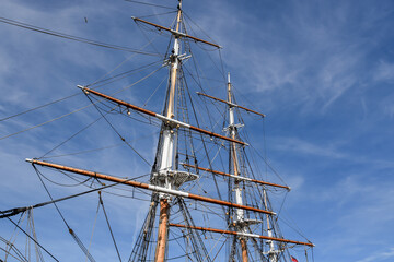 Rigging and masts of a clipper at the former shipyard 'Willemsoord' in the port of Den Helder.