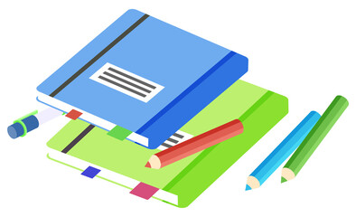 Supplies for lessons, vector illustration. Collection of school supplies or stationery. Isometric cartoon items for education of smart pupils and students. Knowledge and education. School accessories