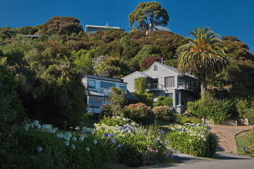 Fototapeta na wymiar Residential house in Akaroa on Banks Peninsula on South Island of New Zealand 