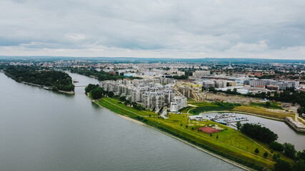 Fototapeta premium Drone view of luxury Marina Beach Residential Park in Budapest with Danube river 
