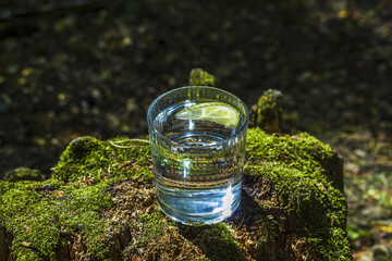 Glass of clean fresh water on tree stump with moss against green natural background. Spring ecologically pure water. World Water Day