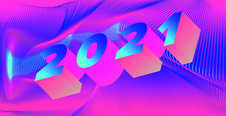 3D Holographic digits on neon vivid background. 2021 Happy New Year concept illustration for poster, cover, calendar or wall print in retrofuturistic synthwave and vaporwave style.