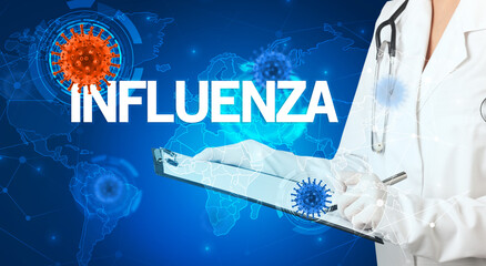 Doctor fills out medical record with INFLUENZA inscription, virology concept