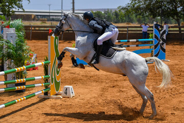 Rider jumps over obstacles during horse show jumping
