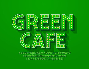 Fototapeta premium Vector retro style logo Green Cafe with Retro style Font. Lamp illuminated Alphabet Letters and Numbers
