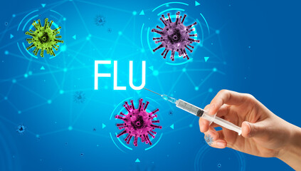 Syringe, medical injection in hand with FLU inscription, coronavirus vaccine concept