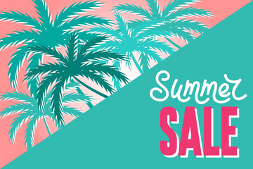 Summer sale banner with palms and sale text. Tropical background, design template. Big discount.