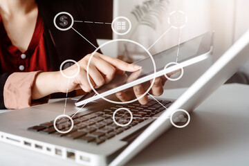 Searching Browsing Internet Data Information with blank search bar.businessman working with smart...