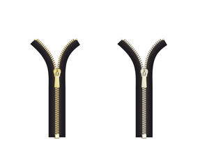 Open close zip. Realistic zipper fastener vector. Metallic gold silver black elegant zip locker. Graphic isolated illustration © v_ctoria