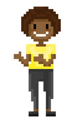 Afro American personage vector, isolated pixel character with smile on face, woman wearing tshirt and trousers, fashionable person gesturing 8 bit game