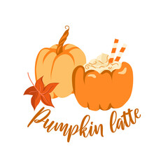 Autumn halloween pumpkin coffee latte vector flat illustration with lettering