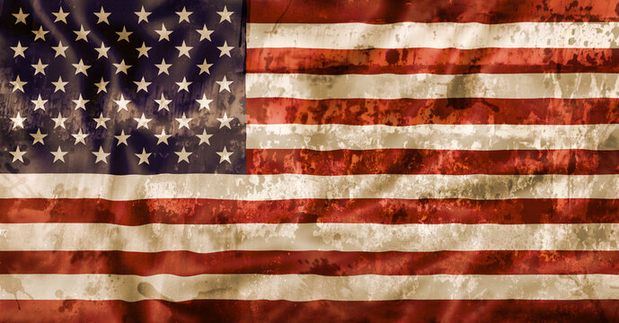 Old ruined vintage national flag of United States of America. Stained old fashioned American Flag, isolated illustration.