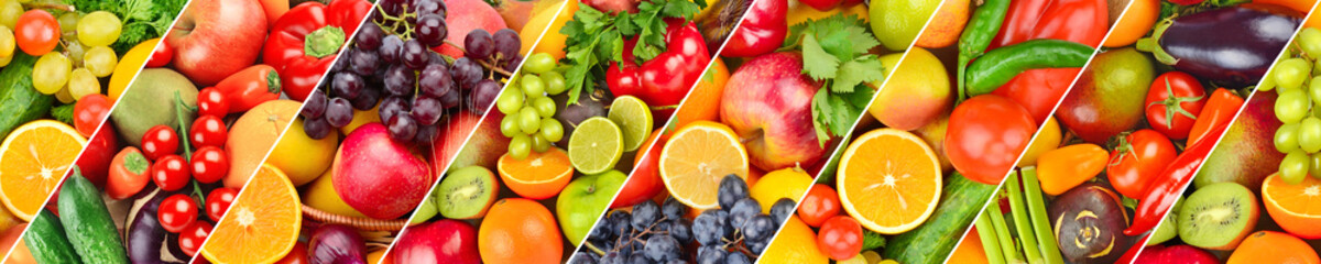 Panoramic collection fruits and vegetables background. Wide photo .