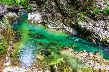 crystal clear water in a mountain river in an alpine gorge