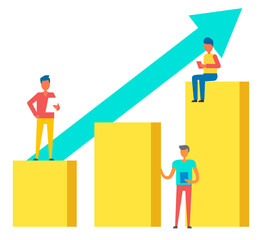 Person and growth of rates, achievement of best results, work at tablets. Vector brokers and growing sales demonstrated on statistical graph by raising arrow