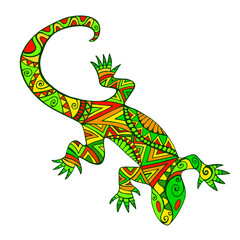Bright ethnic lizard with many ornaments, isolated on white background.