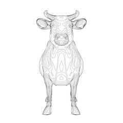 Wireframe of a cow from black lines on a white background. Front view. 3D. Vector illustration